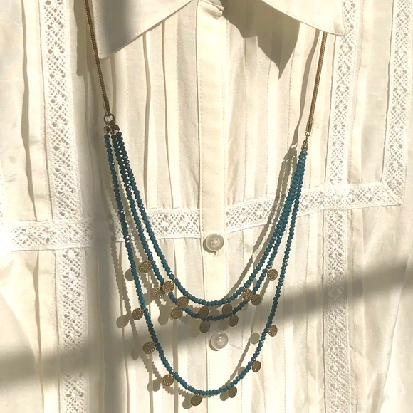 Jewelry - 3 row teal coin gold tone Canvas necklace